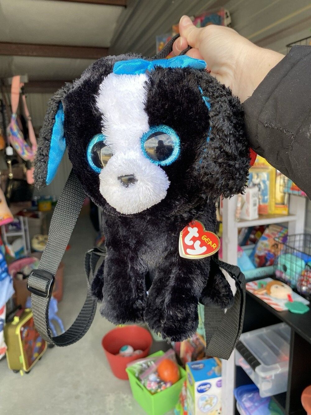 Ty Gear TRACEY the Dog Plush Backpack Beanie Boos Black White Blue Bow